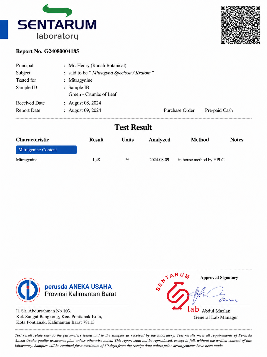 Ranah Botanical Certificate of Analysis — third-party lab report documenting kratom powder quality including mitragynine percentage and contaminant screening