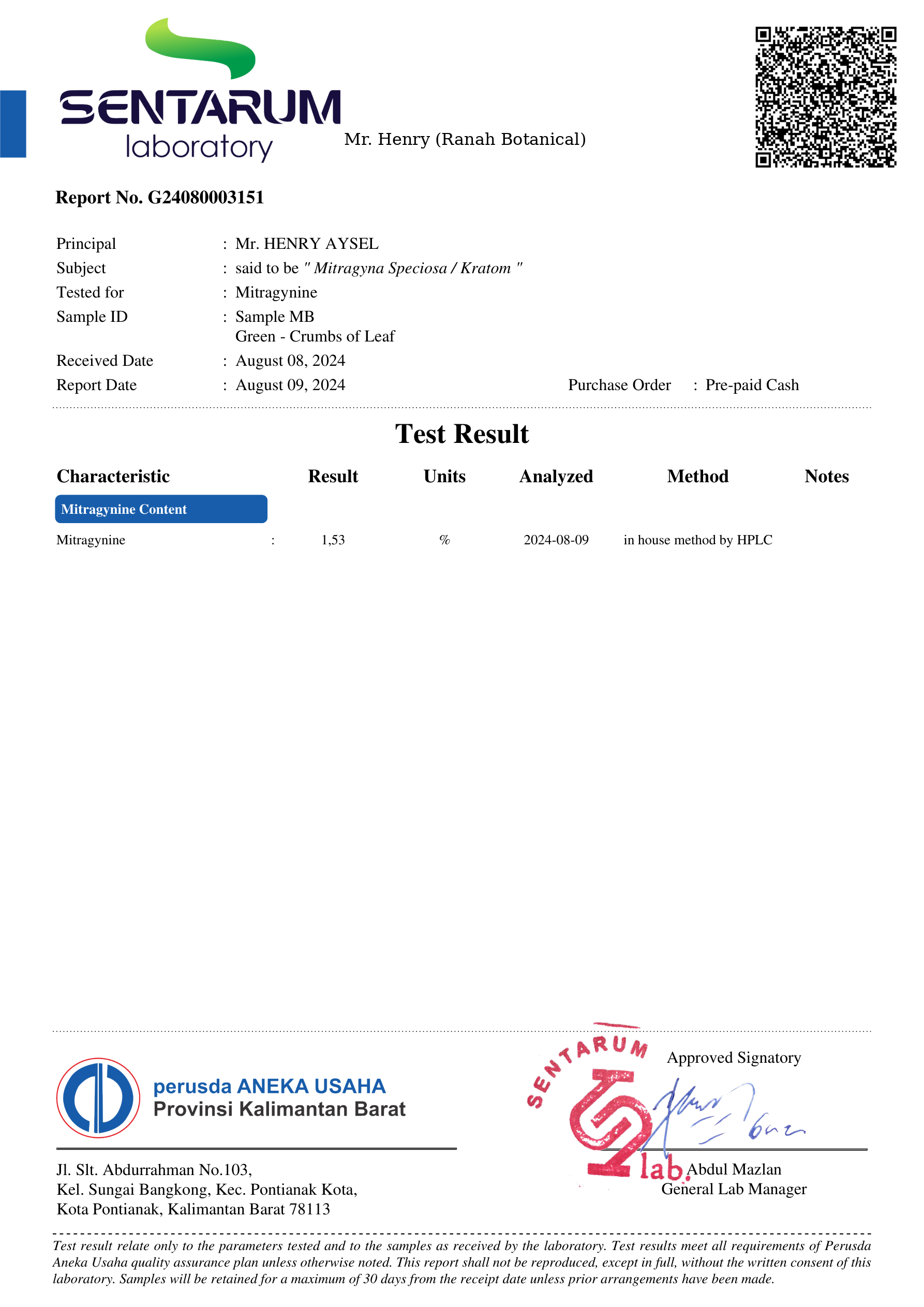 Ranah Botanical Certificate of Analysis — independent third-party lab report for kratom powder showing mitragynine levels, heavy metals, and microbiological testing results